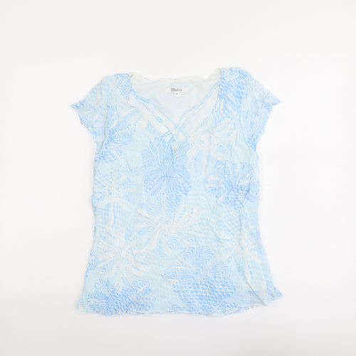 M&Co Womens Blue Geometric Viscose Basic T-Shirt Size 14 V-Neck