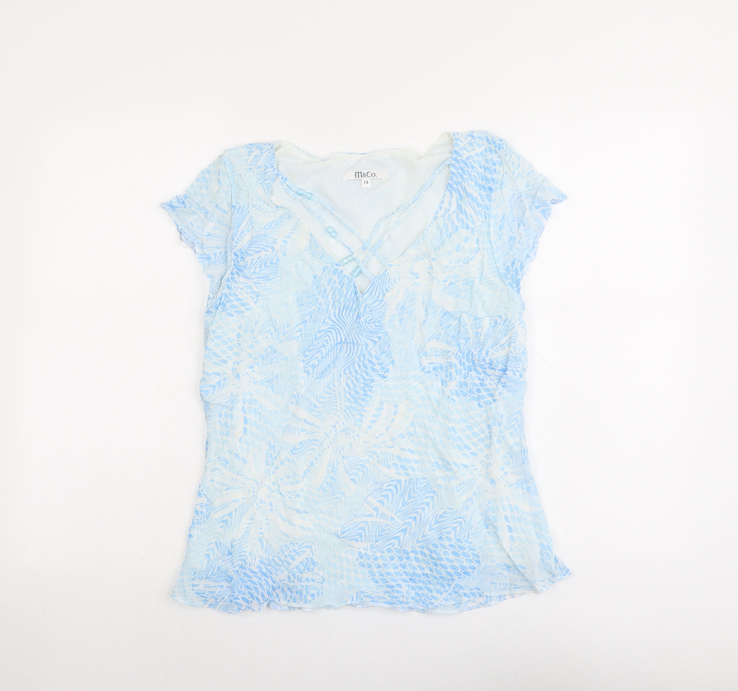 M&Co Womens Blue Geometric Viscose Basic T-Shirt Size 14 V-Neck