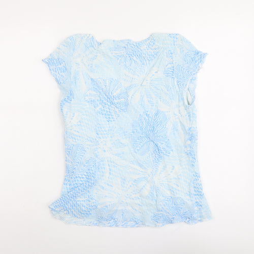 M&Co Womens Blue Geometric Viscose Basic T-Shirt Size 14 V-Neck