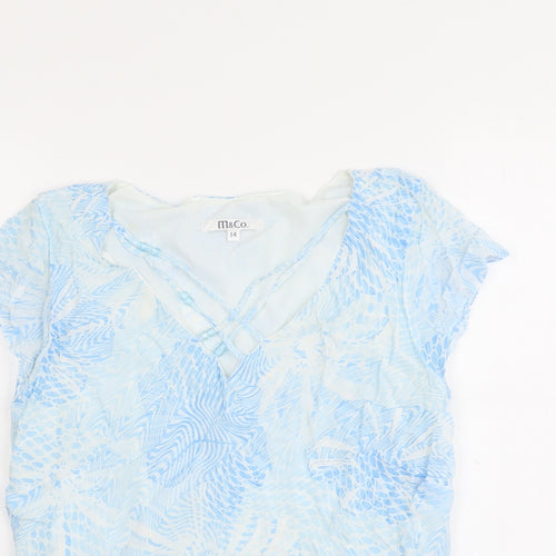 M&Co Womens Blue Geometric Viscose Basic T-Shirt Size 14 V-Neck