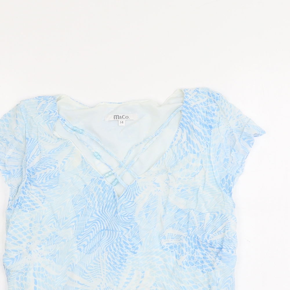 M&Co Womens Blue Geometric Viscose Basic T-Shirt Size 14 V-Neck