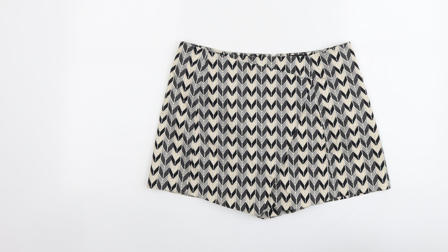 Topshop Womens Beige Geometric Cotton Hot Pants Shorts Size 12 L3 in Regular Zip