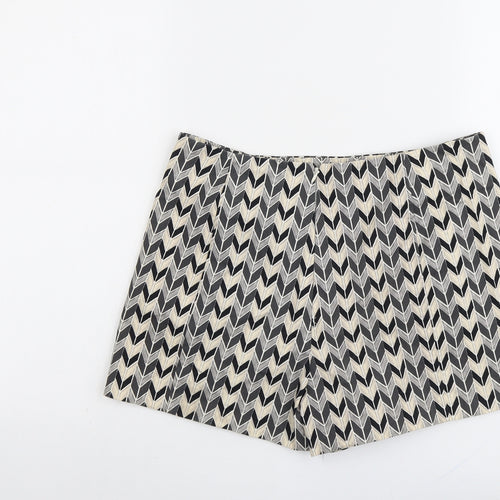 Topshop Womens Beige Geometric Cotton Hot Pants Shorts Size 12 L3 in Regular Zip