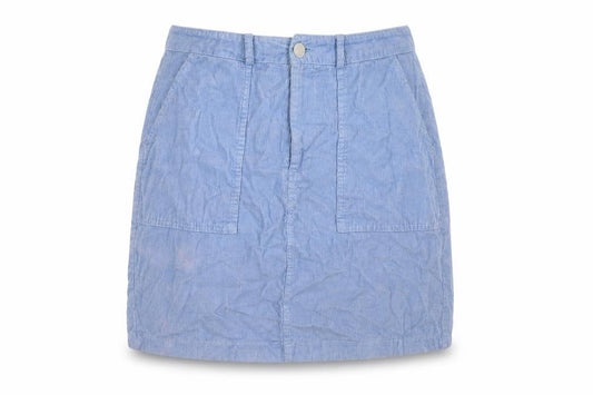 Front view of New Look women’s blue cotton a-line skirt, size UK 10, zip