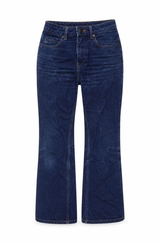 Front view of ASOS women’s blue cotton bootcut jeans, size UK 26, in, 32-inch leg regular button