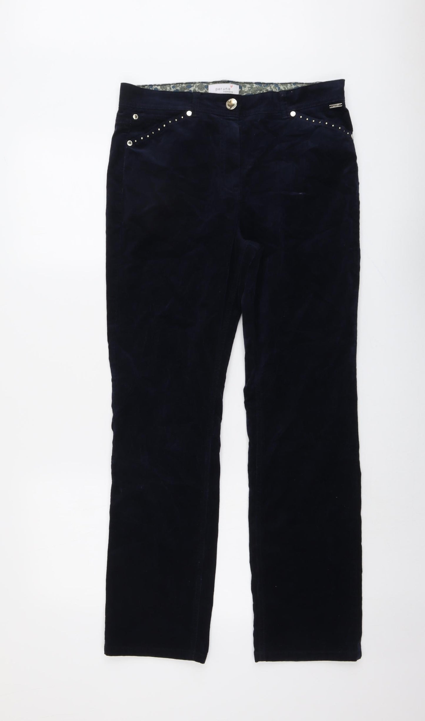 Per Una Womens Blue Cotton Trousers Size 12 L30 in Regular Button - Studded Pockets
