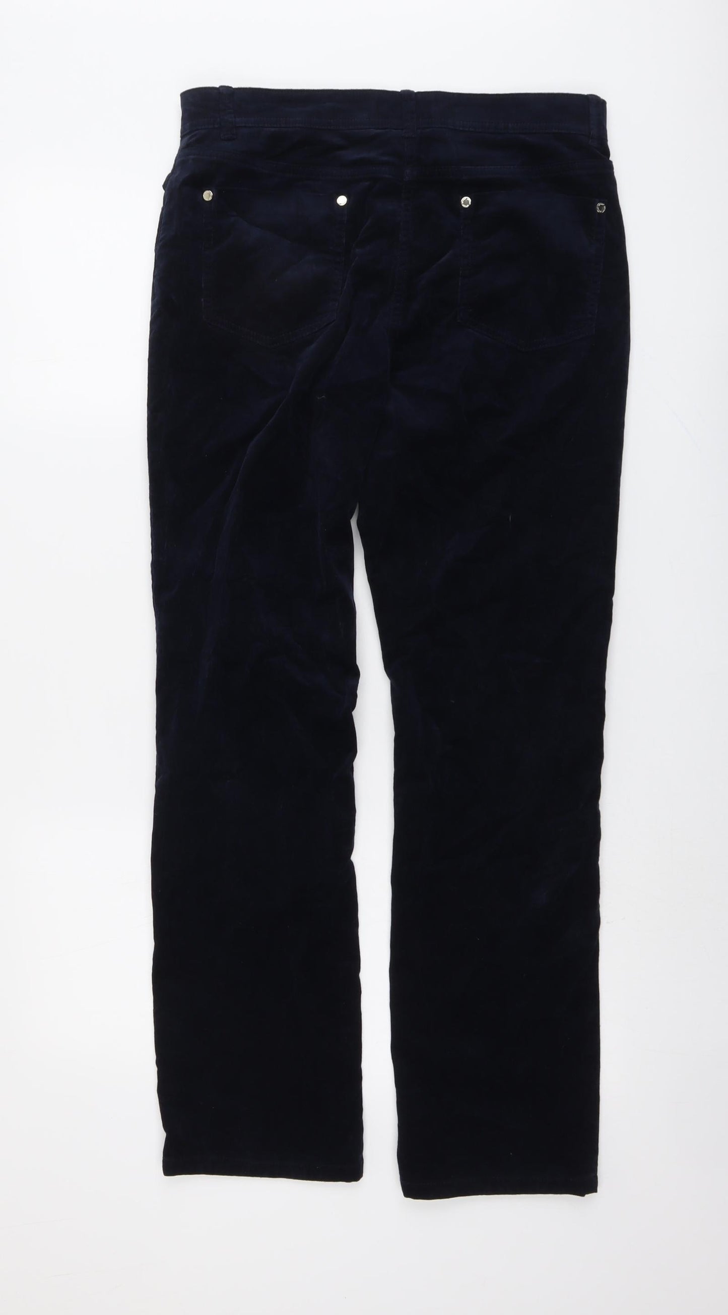 Per Una Womens Blue Cotton Trousers Size 12 L30 in Regular Button - Studded Pockets