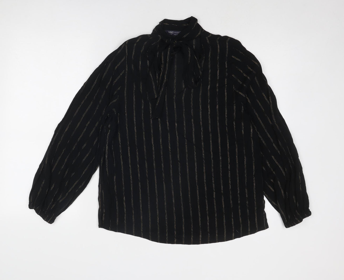 Marks and Spencer Womens Black Striped Viscose Basic Blouse Size 10 V-Neck