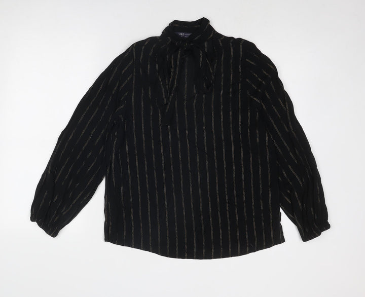 Marks and Spencer Womens Black Striped Viscose Basic Blouse Size 10 V-Neck