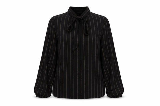 Front view of Marks & Spencer women’s black striped viscose basic blouse, size UK 10, v-neck