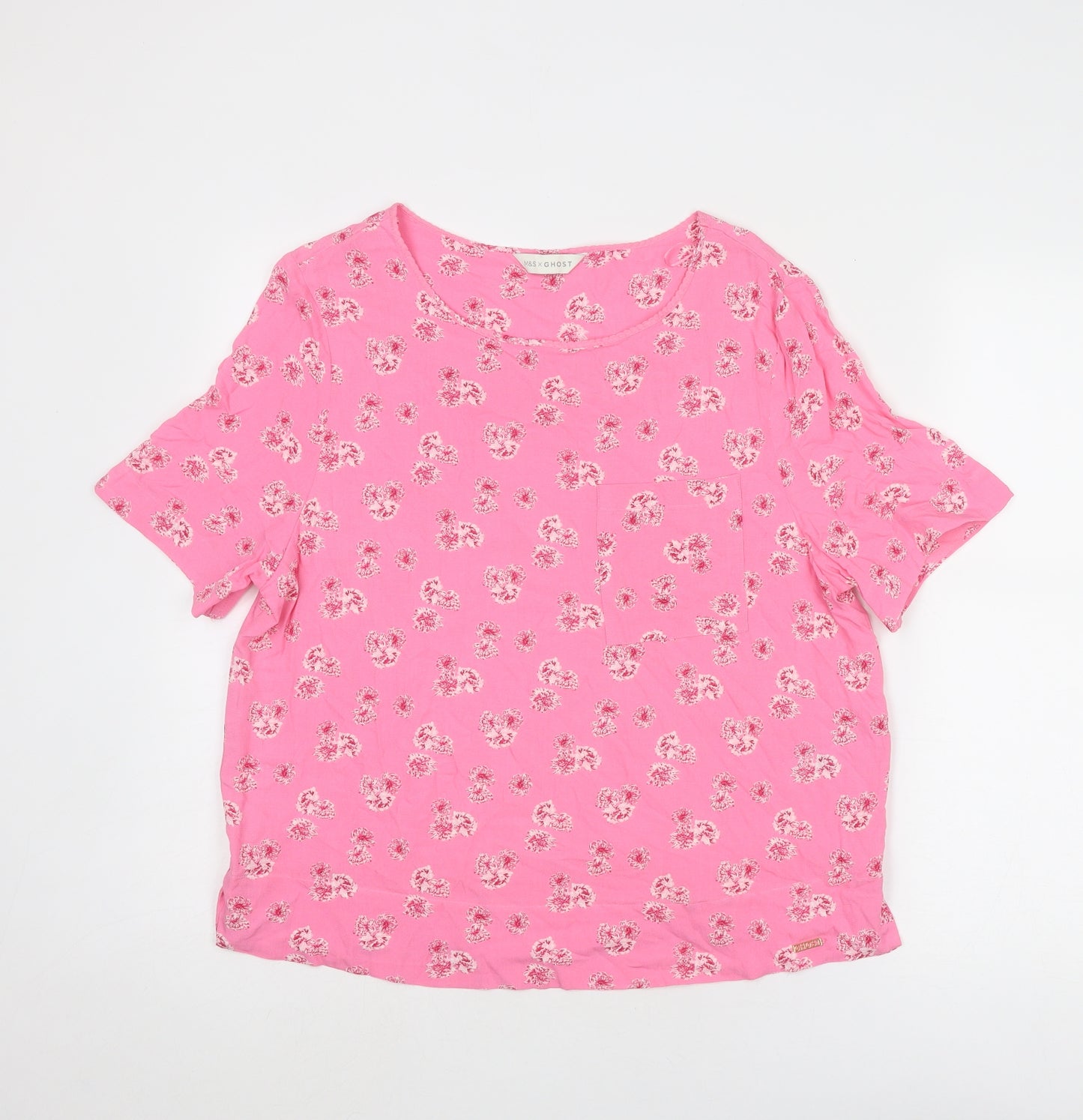 Marks and Spencer Womens Pink Floral Viscose Basic T-Shirt Size 12 Boat Neck