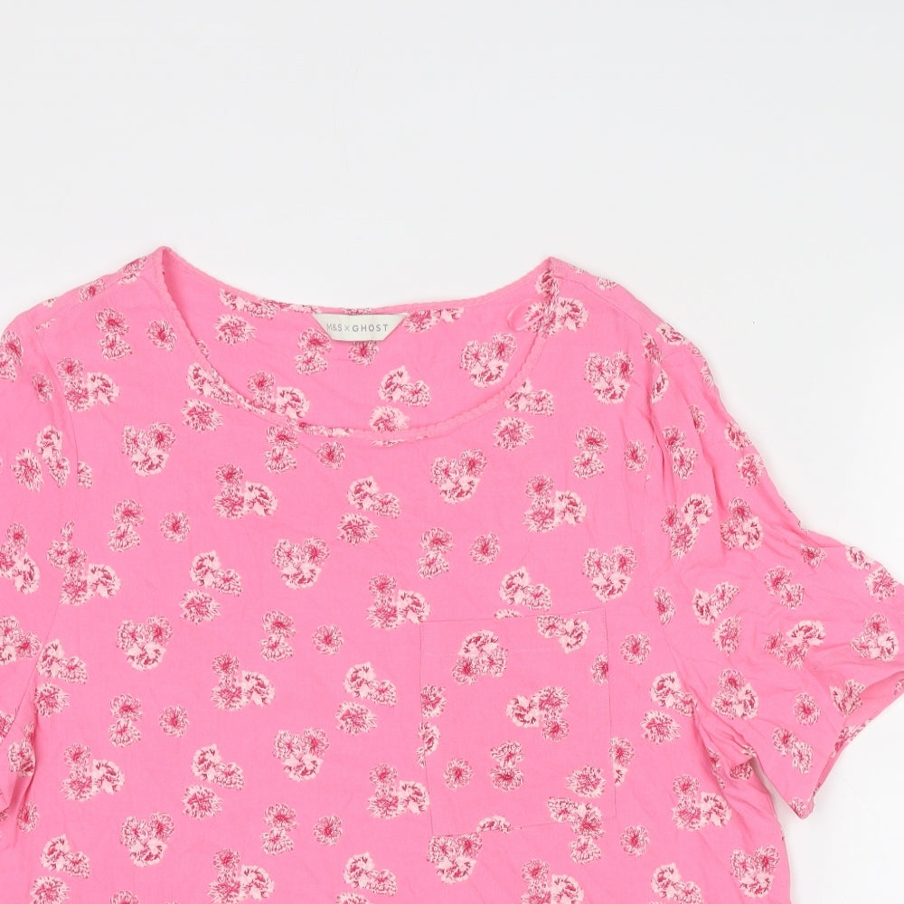 Marks and Spencer Womens Pink Floral Viscose Basic T-Shirt Size 12 Boat Neck