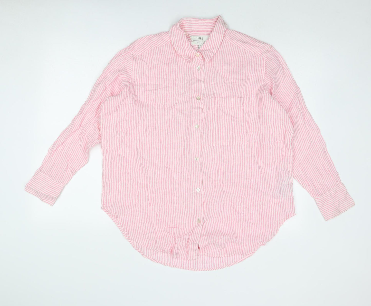 Marks and Spencer Womens Pink Striped Linen Basic Button-Up Size 12 Collared