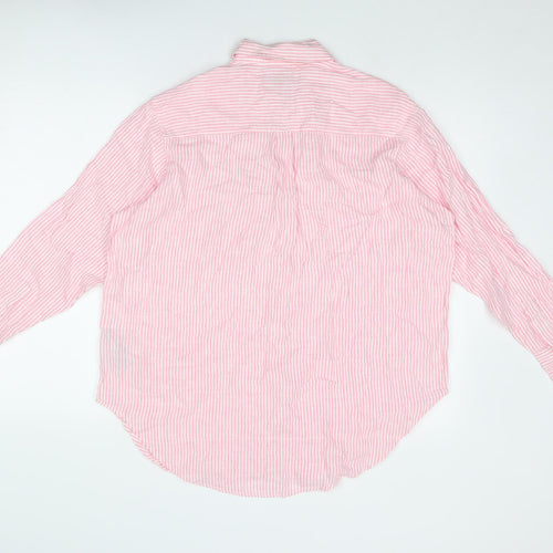 Marks and Spencer Womens Pink Striped Linen Basic Button-Up Size 12 Collared