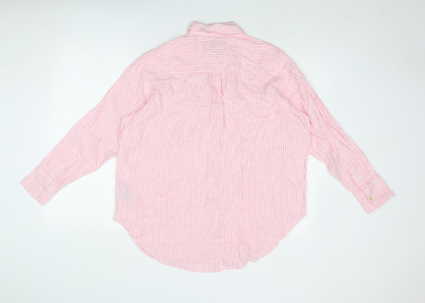 Marks and Spencer Womens Pink Striped Linen Basic Button-Up Size 12 Collared