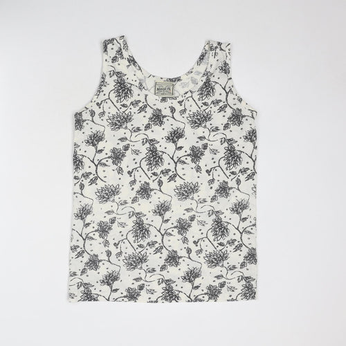 Nuggets Womens White Floral Polyester Basic Tank Size L Scoop Neck