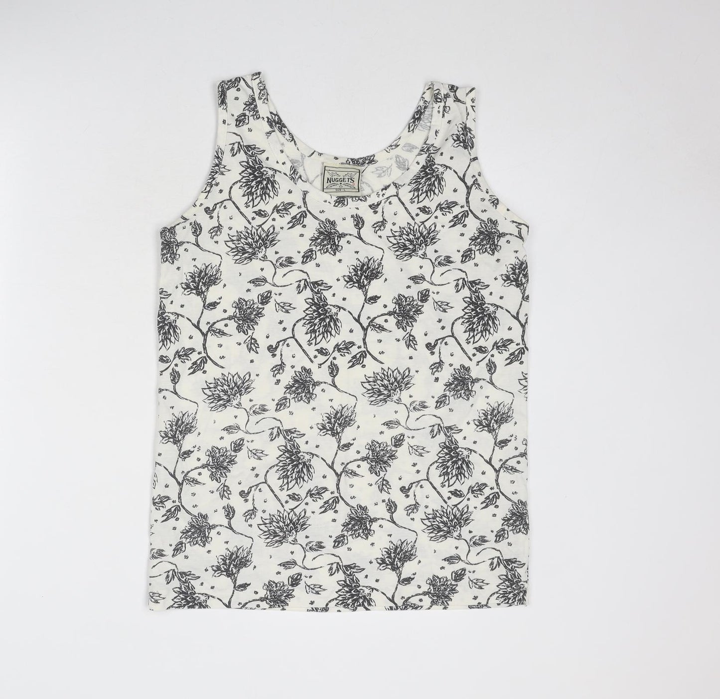 Nuggets Womens White Floral Polyester Basic Tank Size L Scoop Neck