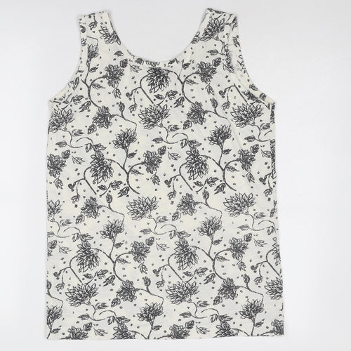 Nuggets Womens White Floral Polyester Basic Tank Size L Scoop Neck