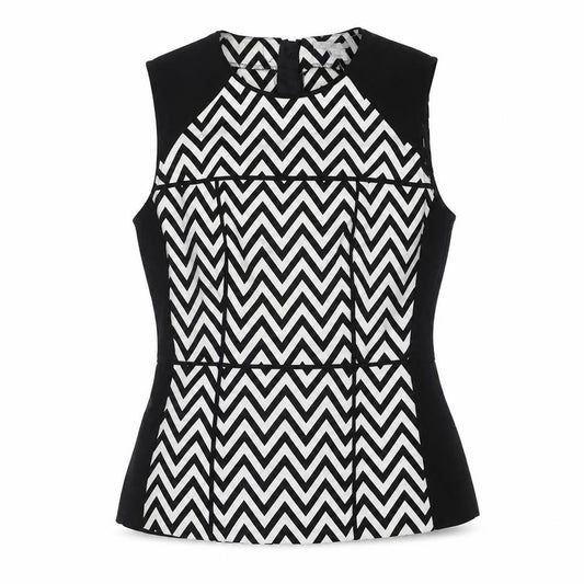 Front view of H&M women’s black geometric polyester basic blouse, size UK 8, boat neck