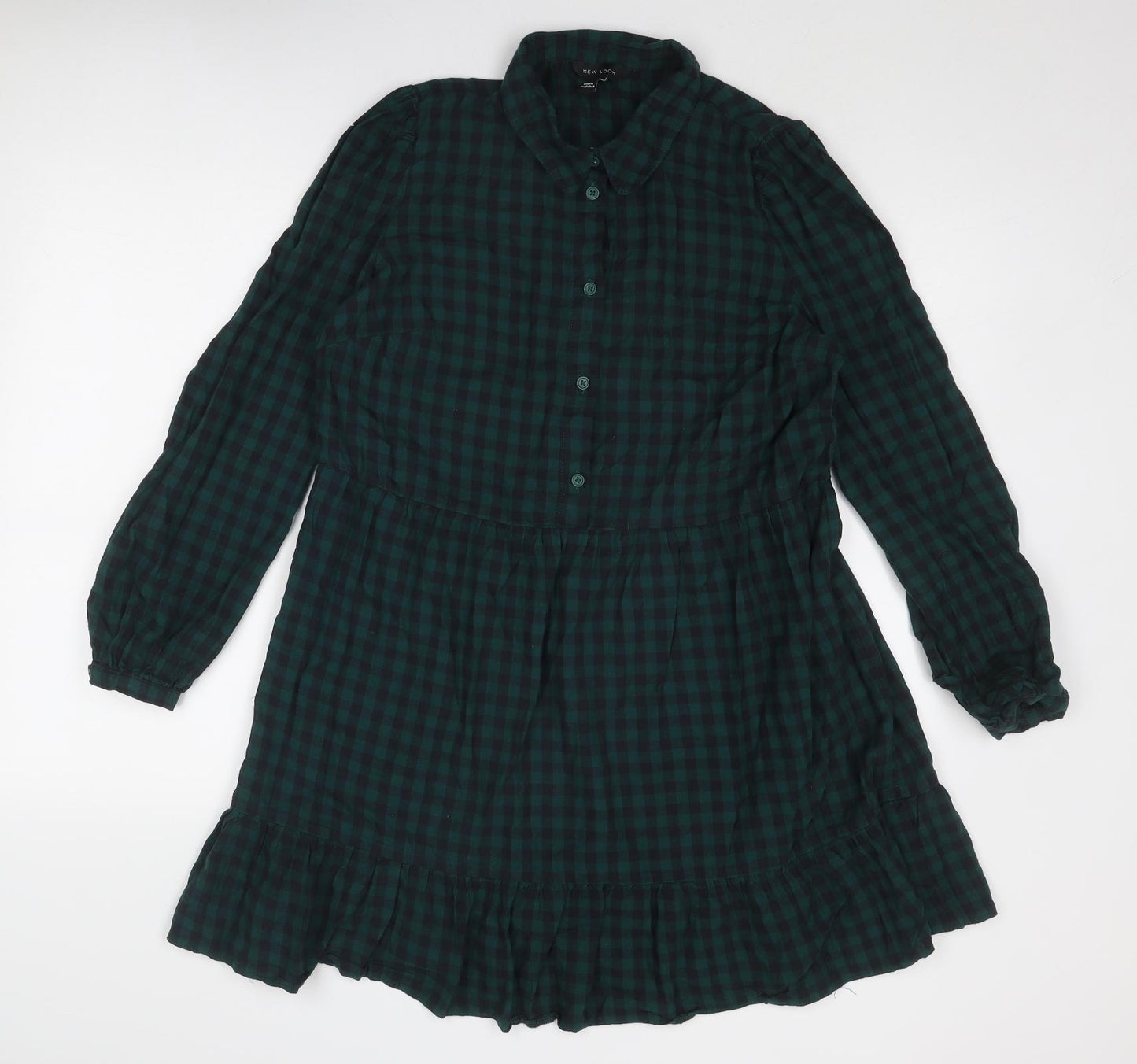 New Look Womens Green Check Cotton Shirt Dress Size 14 Collared Button