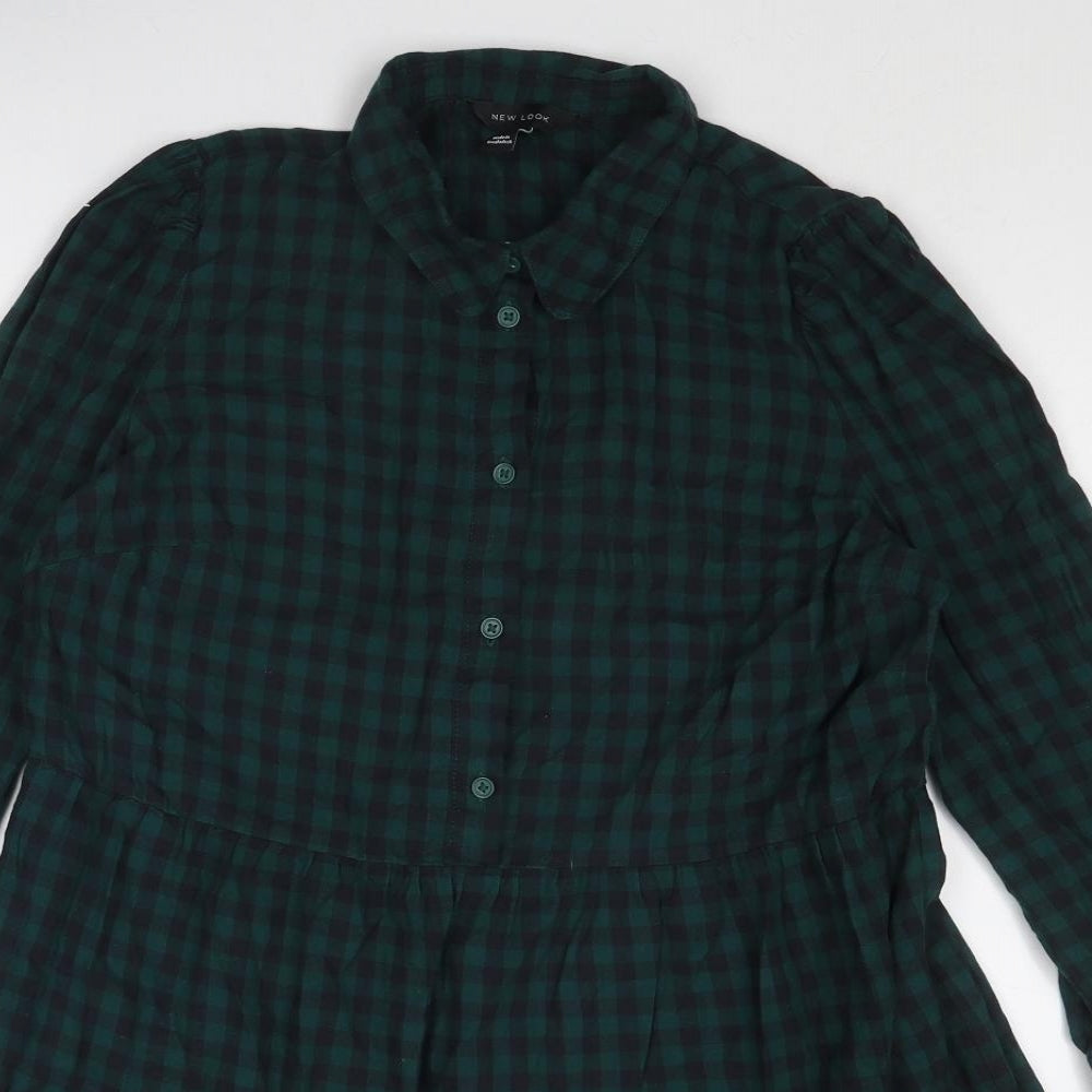 New Look Womens Green Check Cotton Shirt Dress Size 14 Collared Button
