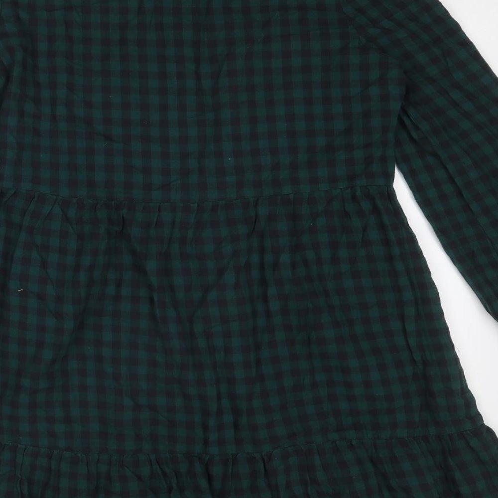 New Look Womens Green Check Cotton Shirt Dress Size 14 Collared Button