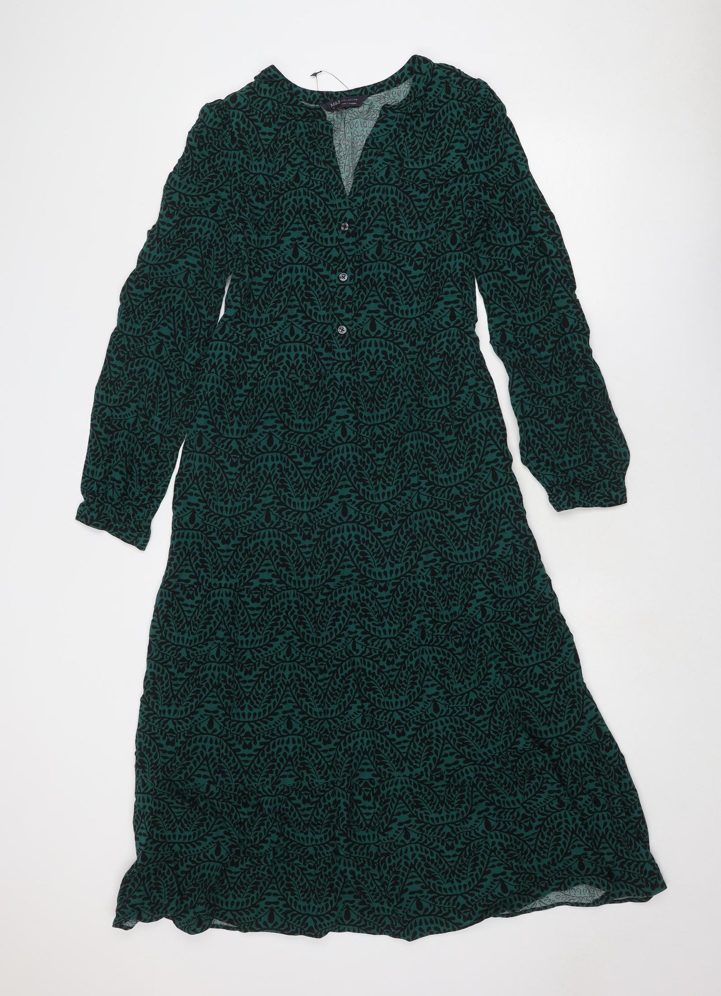 Marks and Spencer Womens Green Geometric Viscose Maxi Size 6 V-Neck Button
