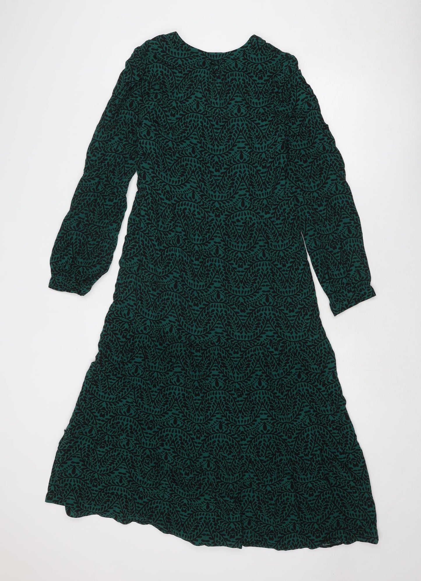 Marks and Spencer Womens Green Geometric Viscose Maxi Size 6 V-Neck Button