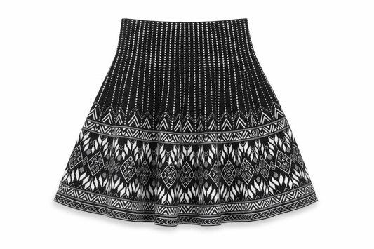 Front view of New Look women’s black geometric polyester swing skirt, size UK 8