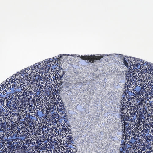 New Look Womens Blue Floral Viscose Kimono Blouse Size 6 V-Neck