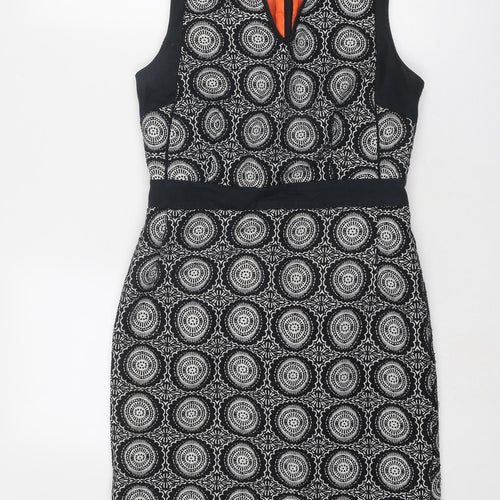 NEXT Womens Black Geometric Polyester A-Line Size 8 V-Neck Zip