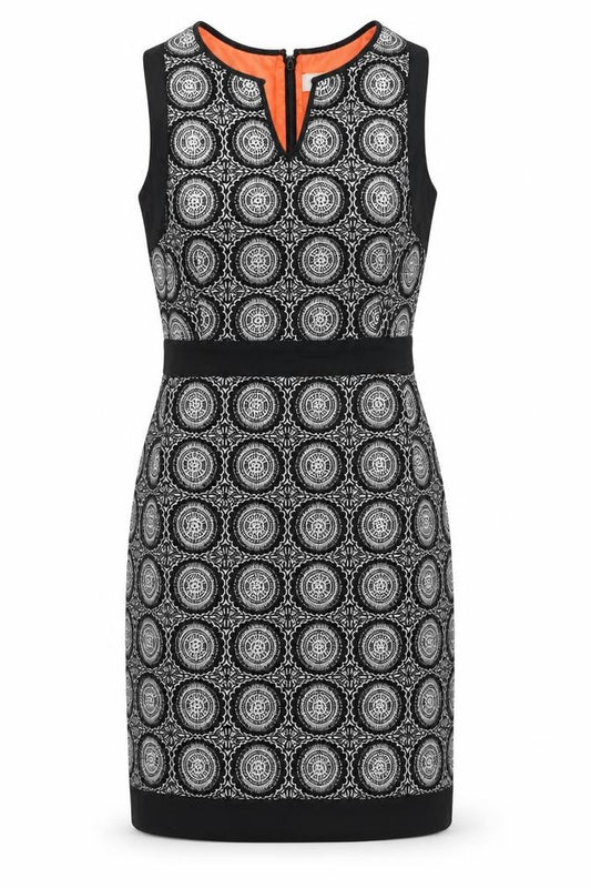 Front view of Next women’s black geometric polyester a-line, size UK 8, v-neck zip