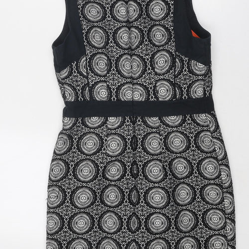NEXT Womens Black Geometric Polyester A-Line Size 8 V-Neck Zip