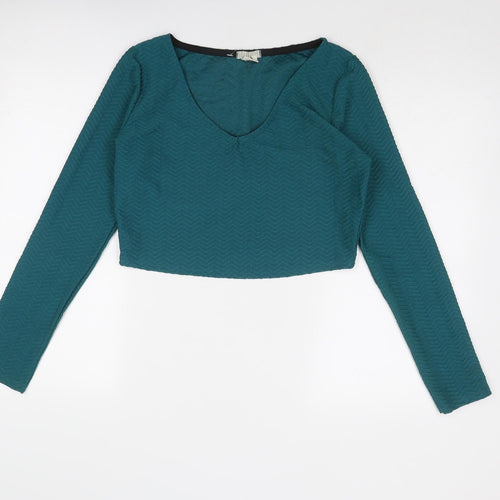 Cooperative Womens Blue Polyester Cropped T-Shirt Size L V-Neck