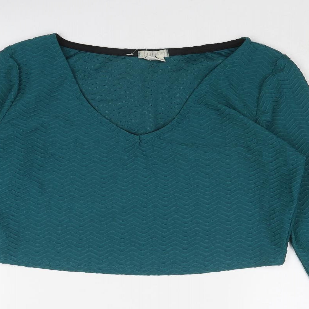 Cooperative Womens Blue Polyester Cropped T-Shirt Size L V-Neck