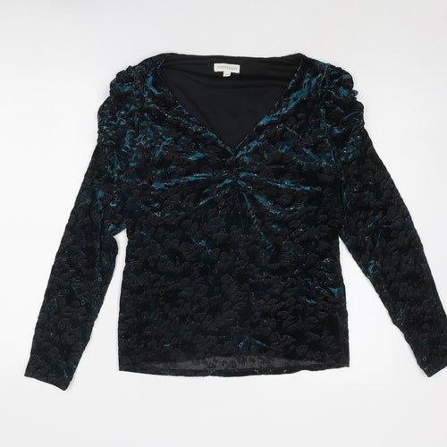Monsoon Womens Blue Animal Print Polyester Basic Blouse Size M V-Neck - Leopard Pattern