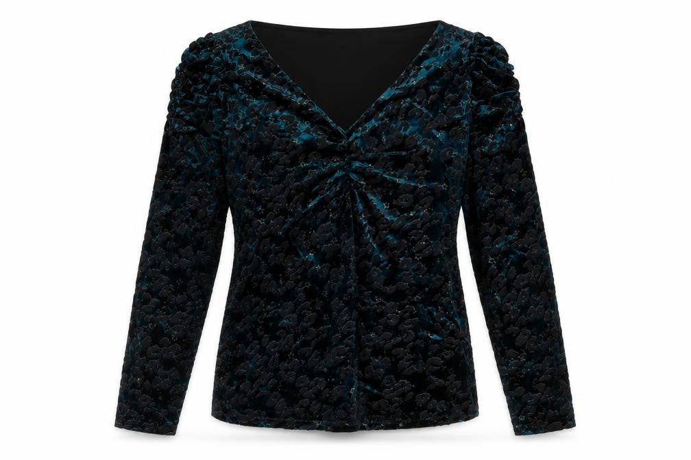Front view of Monsoon women’s blue animal print polyester basic blouse, size M, v-neck - leopard pattern