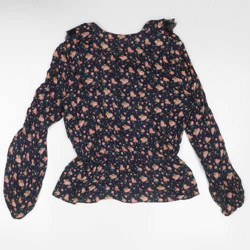 Mango Womens Blue Floral Viscose Basic Blouse Size XS V-Neck