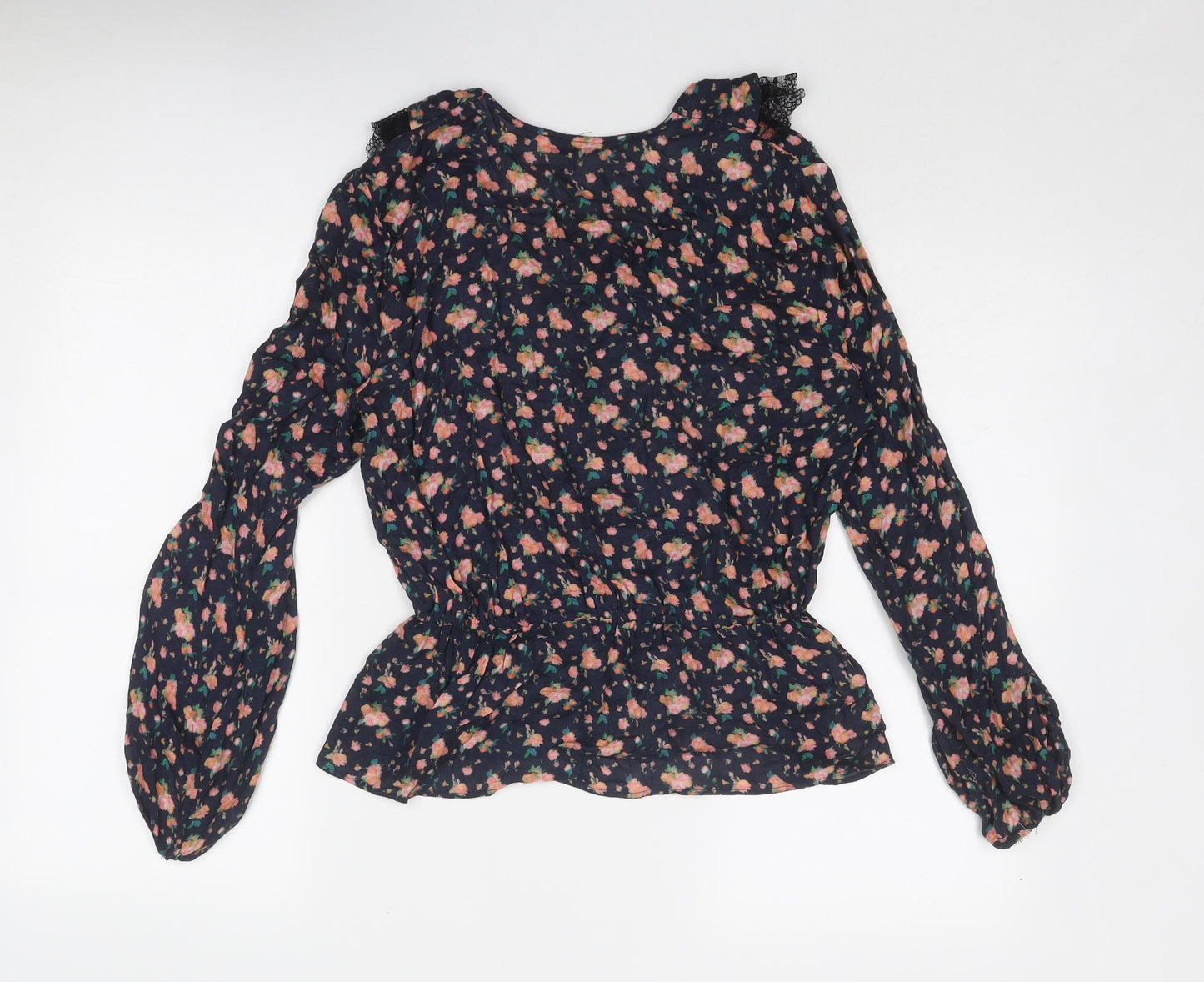 Mango Womens Blue Floral Viscose Basic Blouse Size XS V-Neck