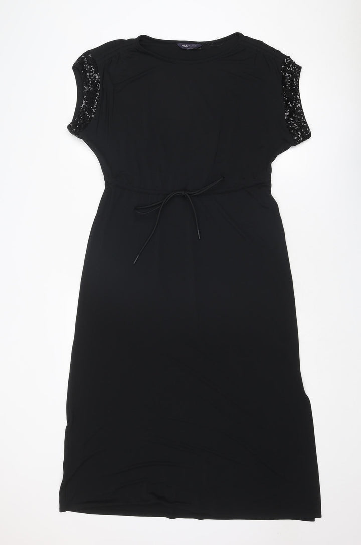 Marks and Spencer Womens Black Polyester A-Line Size 8 Round Neck Pullover