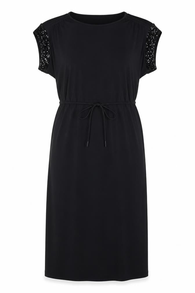 Front view of Marks & Spencer women’s black polyester a-line, size UK 8, round neck pullover