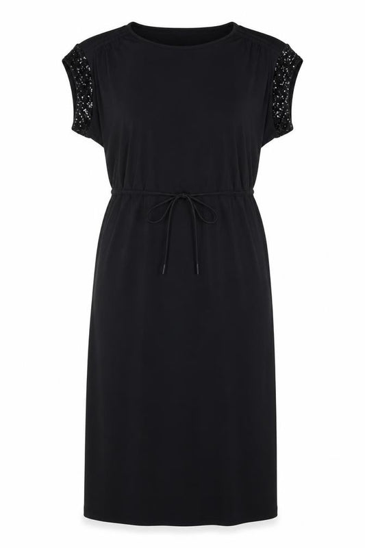 Front view of Marks & Spencer women’s black polyester a-line, size UK 8, round neck pullover