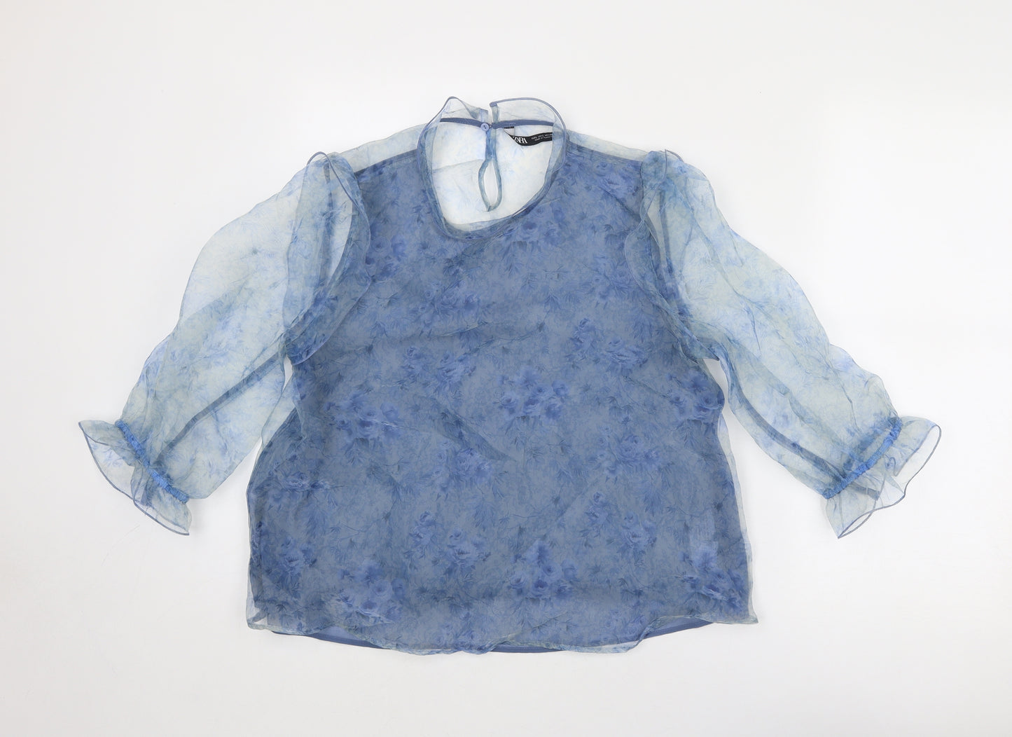 Zara Womens Blue Floral Polyester Basic Blouse Size L Round Neck - Sheer Sleeves