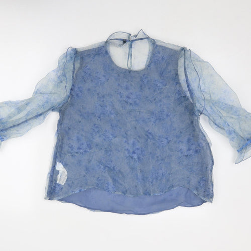 Zara Womens Blue Floral Polyester Basic Blouse Size L Round Neck - Sheer Sleeves