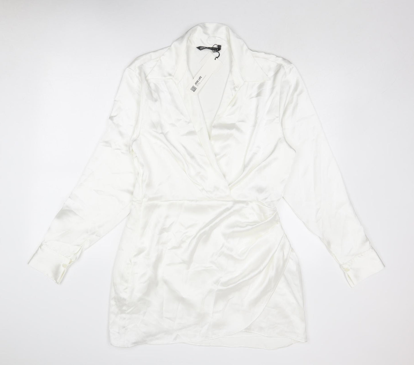 Zara Womens White Polyester A-Line Size L Collared Zip