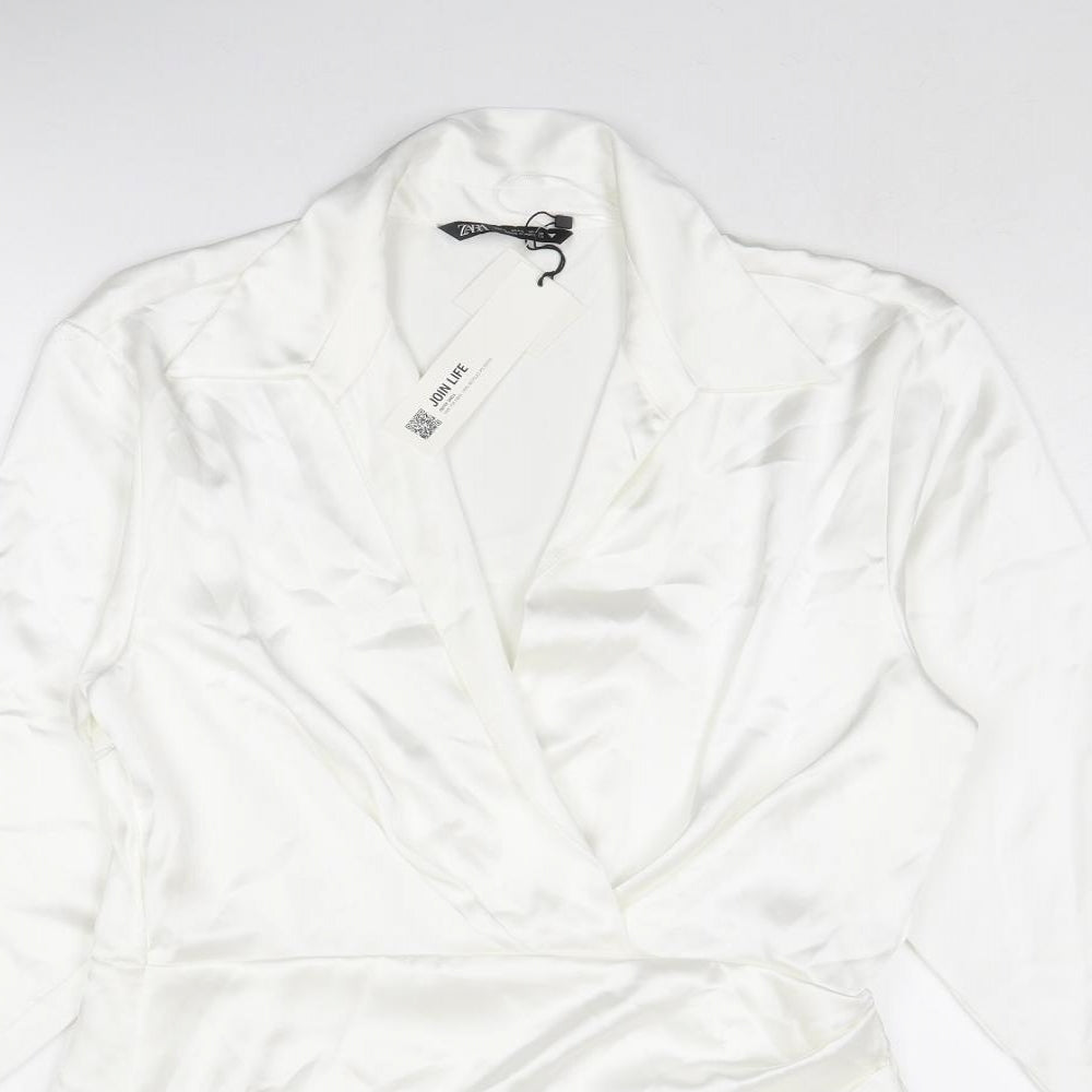 Zara Womens White Polyester A-Line Size L Collared Zip