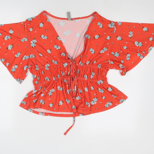 ASOS Womens Red Floral Polyester Basic Blouse Size 14 V-Neck - Frill Sleeve