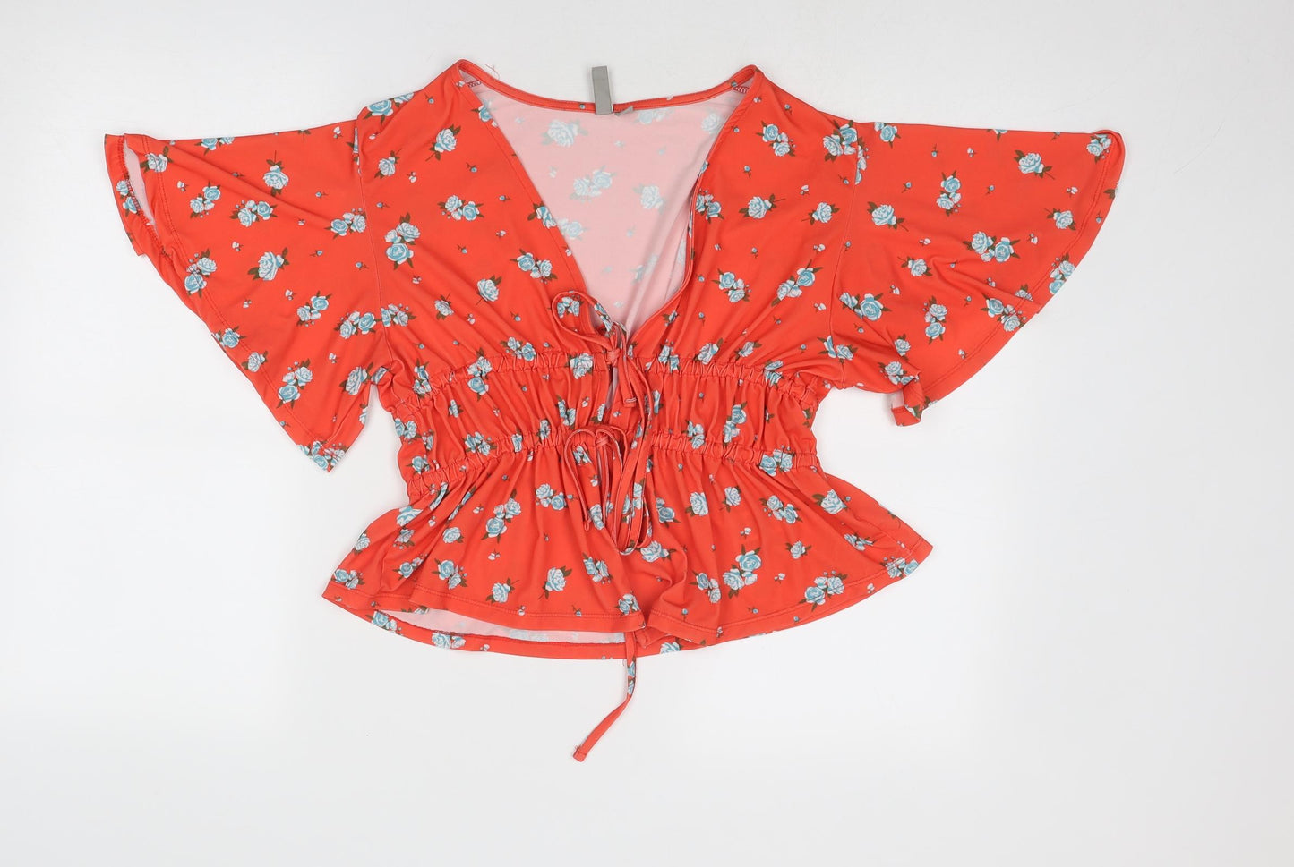 ASOS Womens Red Floral Polyester Basic Blouse Size 14 V-Neck - Frill Sleeve