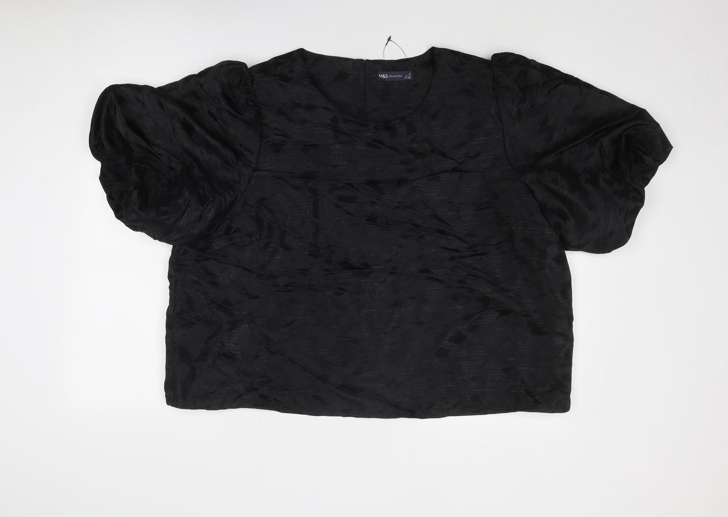 Marks and Spencer Womens Black Polyester Basic Blouse Size 22 Round Neck - Puff Sleeve