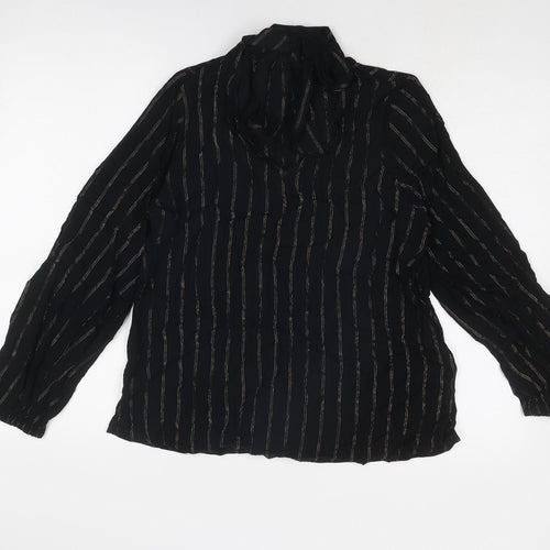 Marks and Spencer Womens Black Striped Viscose Basic Blouse Size 10 V-Neck - Tie Neck